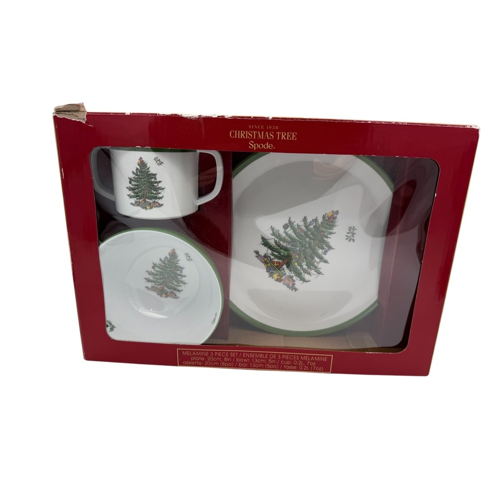 Spode Christmas Tree Melamine 3 Piece Set Plate Bowl Cup XT6004-XG New Box Wear
